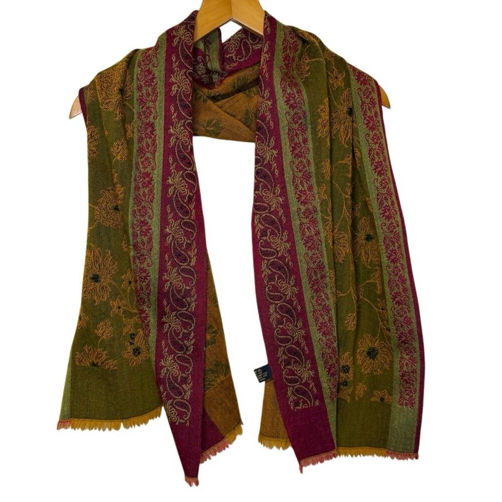 Silk Wool Blend Floral Whimsy Renaissance Boho Paisley Fairy Scarf Green Red